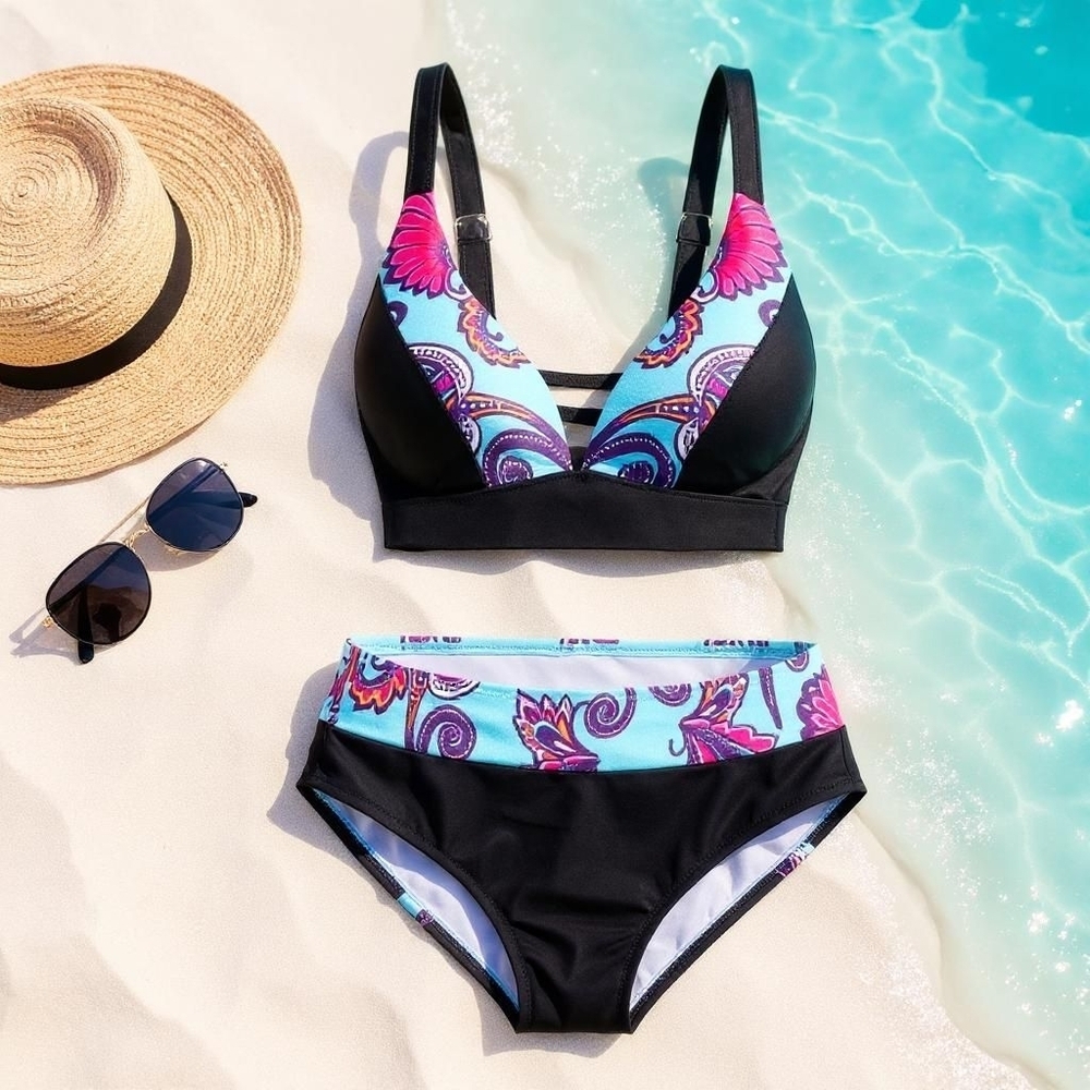 Scroll Floral ✦ Ladder Cutout Bikini Set ✦ Cheeky Bottoms Adjustable Straps NWT